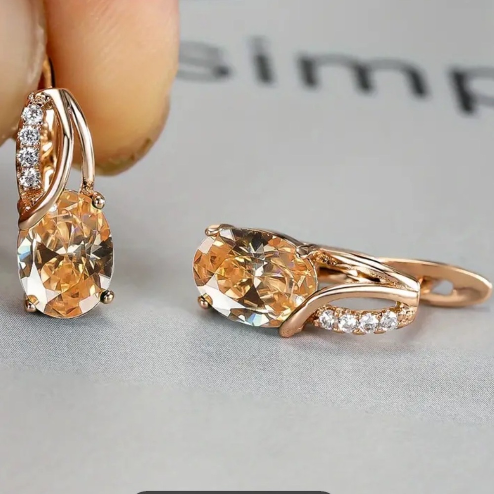 18k Gold Plated Water Drop Champagne Diamond Earrings
